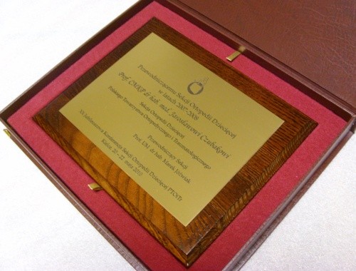 dyplom, dyplomy nr 117 Dyplom grawerowany w mosidzu szlifowanym na desce jesionowej ( 25 x 20 cm)  w etui